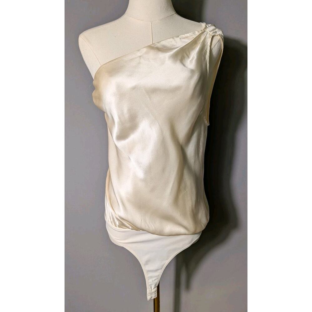 CAMI NYC One Shoulder Silk Bodysuit Blouse Ivory Cream Satin Top Size M Classic